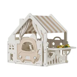 Пластмасова детска къщичка за игра с маса за конструктори – бяла