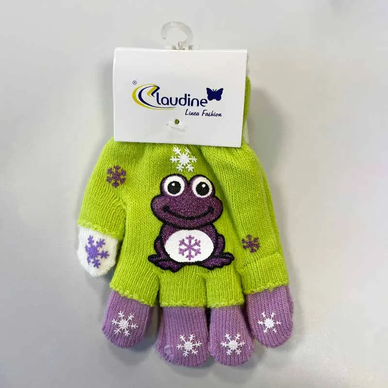 Children's Frog Gloves, Green/Purple, 6-10 years.