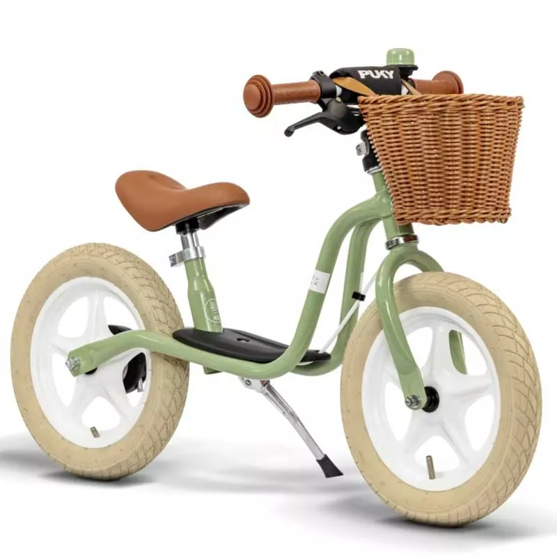 Balance bike with basket PUKY LR 1L CLASSIC in retro green color