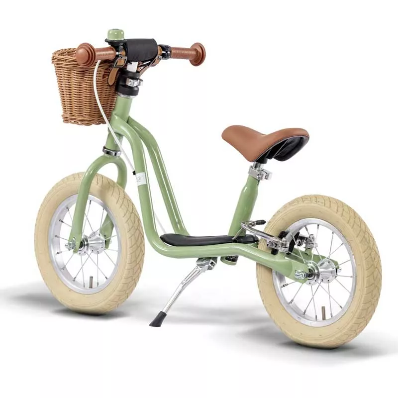 Balance bike with brakes and basket PUKY LR XL BR CLASSIC in retro green color.