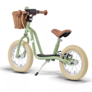 Balance bike with brakes and basket PUKY LR XL BR CLASSIC in retro green color.