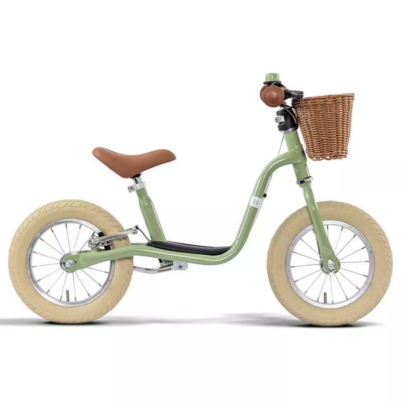 Balance bike with brakes and basket PUKY LR XL BR CLASSIC in retro green color.