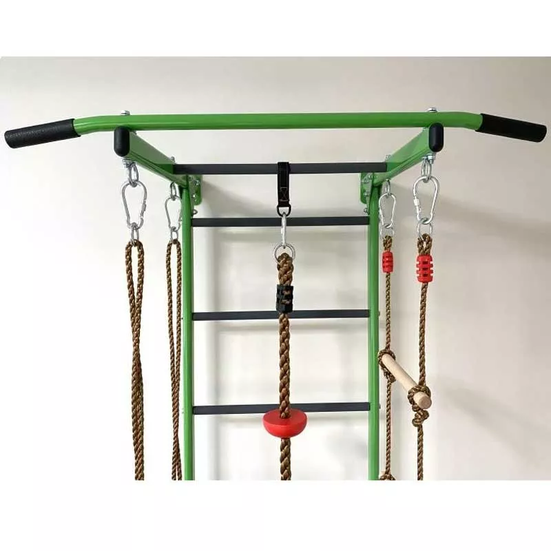 Шведска стена за детска гимнастика, метална, с аксесоари, зелена