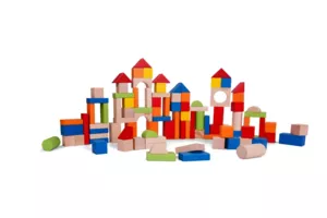 Wooden building set with 100 blocks