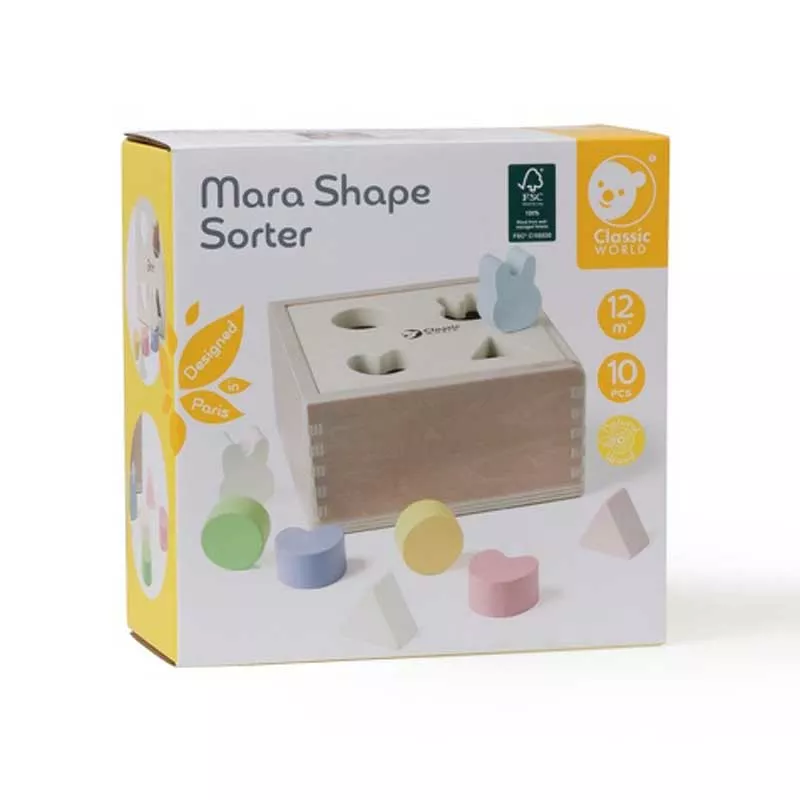 Wooden box for sorting shapes in pastel colors