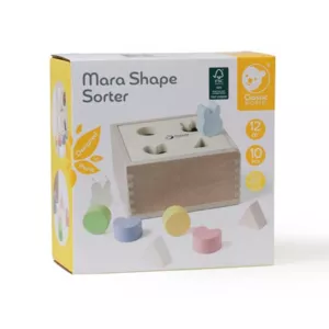 Wooden box for sorting shapes in pastel colors