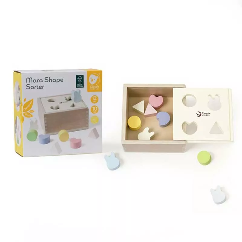 Wooden box for sorting shapes in pastel colors