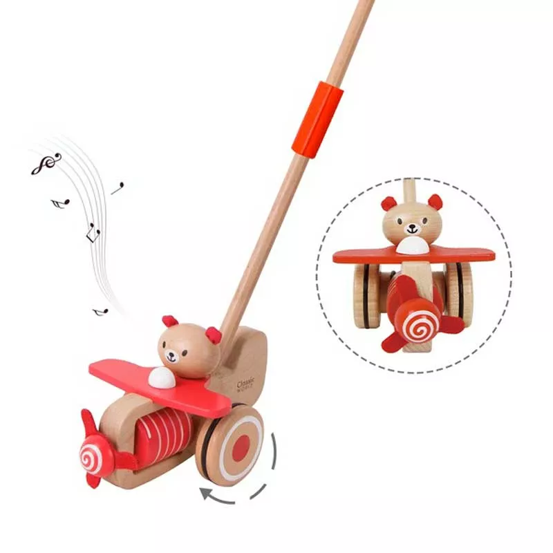 Wooden push toy - bear with airplane