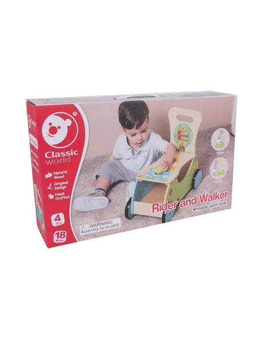 Wooden walker for pushing and riding