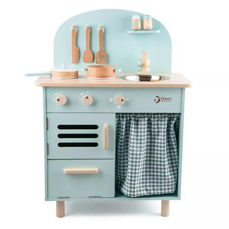 Wooden retro kitchen for children in blue color