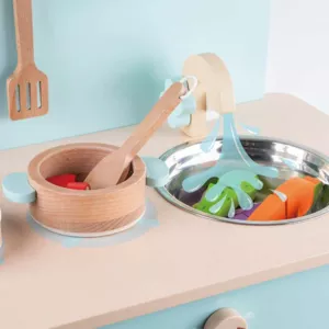 Wooden retro kitchen for children in blue color