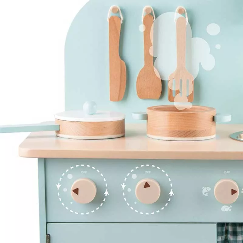 Wooden retro kitchen for children in blue color