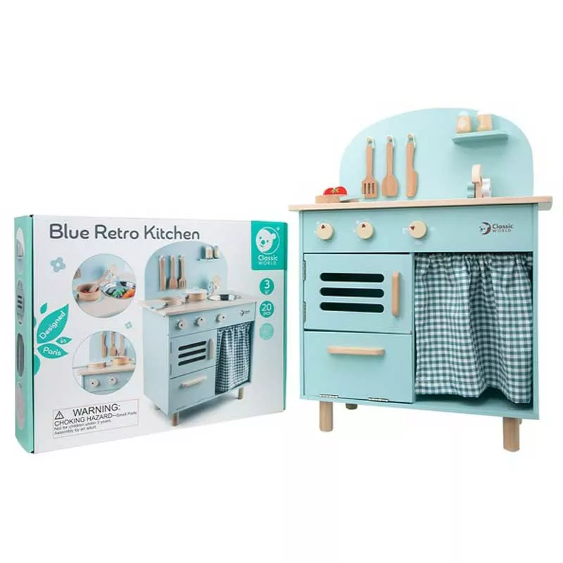 Wooden retro kitchen for children in blue color