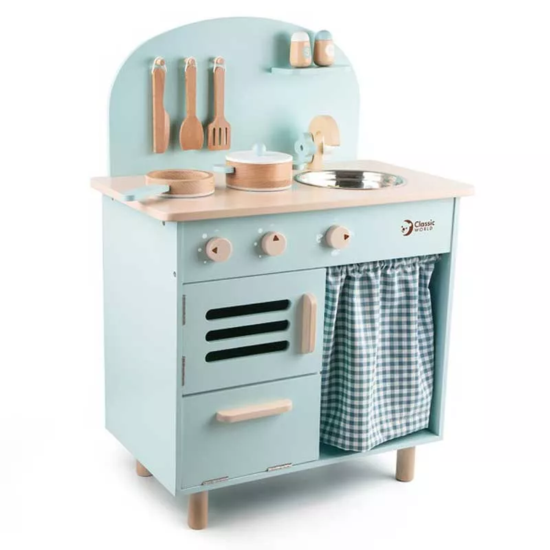 Wooden retro kitchen for children in blue color