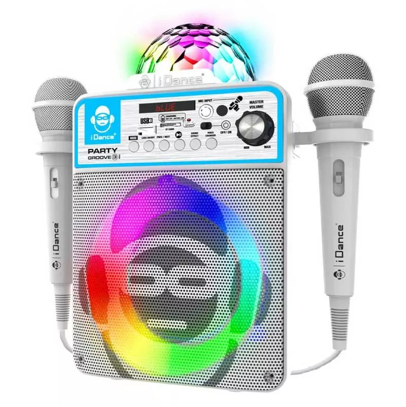 Bluetooth karaoke speaker with 2 microphones and LED light, white