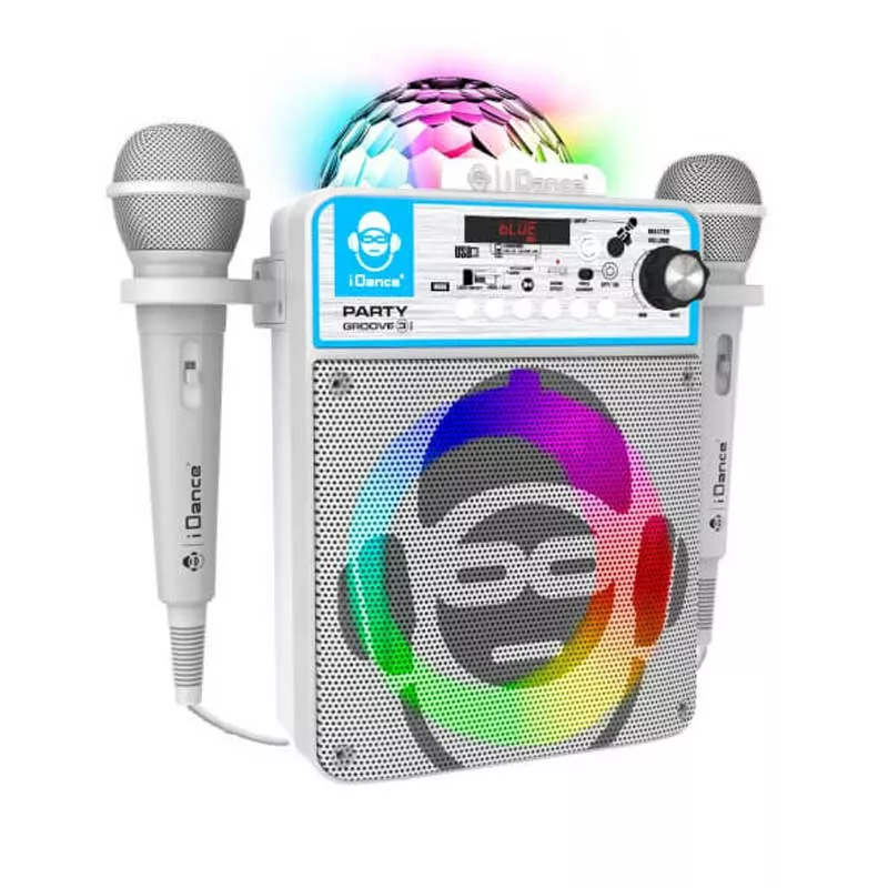 Bluetooth karaoke speaker with 2 microphones and LED light, white
