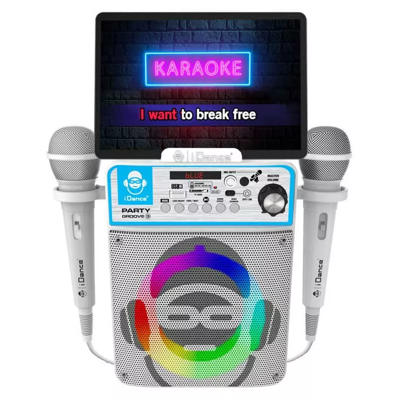 Bluetooth karaoke speaker with 2 microphones and LED light, white