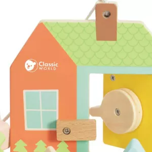 Children's wooden house shape sorter with different locks