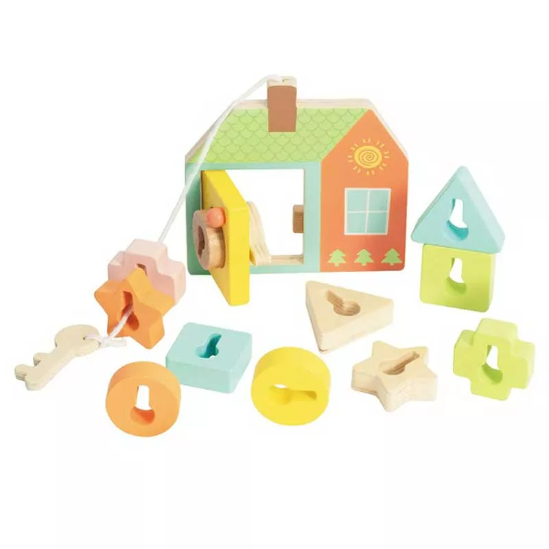 Children's wooden house shape sorter with different locks