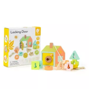 Children's wooden house shape sorter with different locks