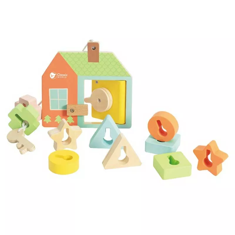 Children's wooden house shape sorter with different locks