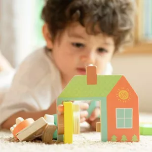 Children's wooden house shape sorter with different locks