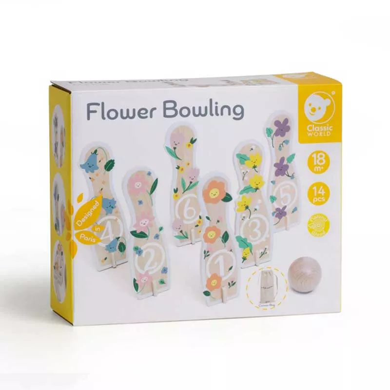 Children's wooden bowling set with flowers