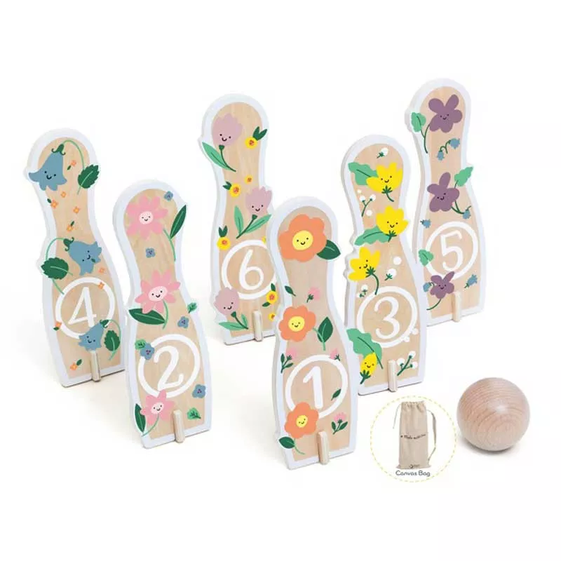 Children's wooden bowling set with flowers
