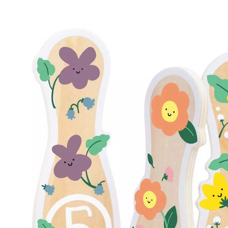Children's wooden bowling set with flowers