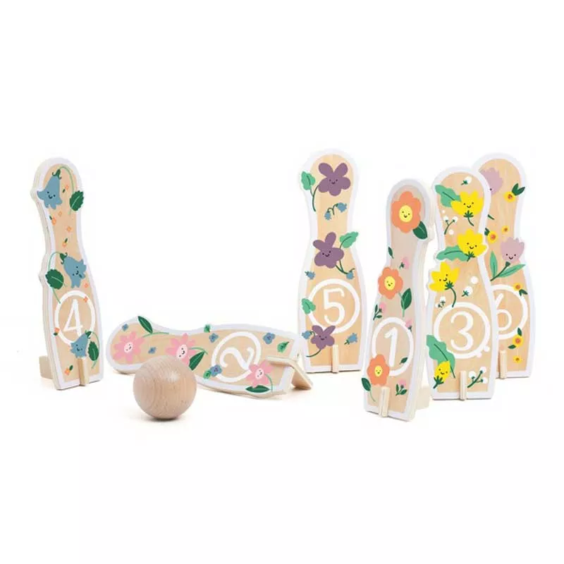 Children's wooden bowling set with flowers