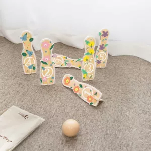 Children's wooden bowling set with flowers