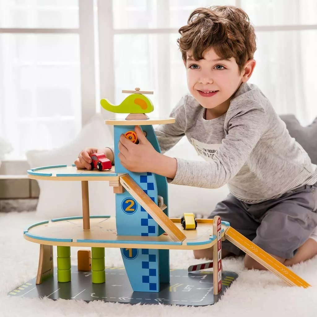 Children's wooden toy garage with cars - 3 levels