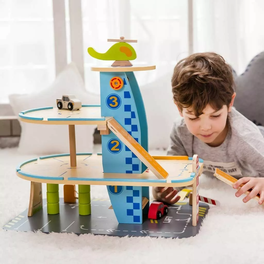 Children's wooden toy garage with cars - 3 levels