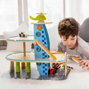 Children's wooden toy garage with cars - 3 levels