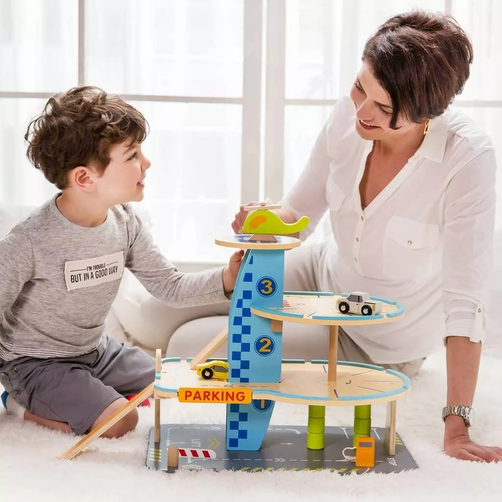 Children's wooden toy garage with cars - 3 levels
