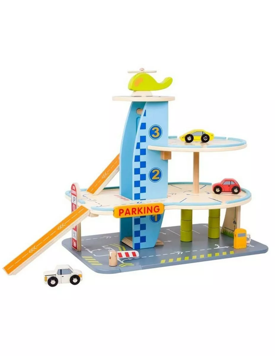 Children's wooden toy garage with cars - 3 levels