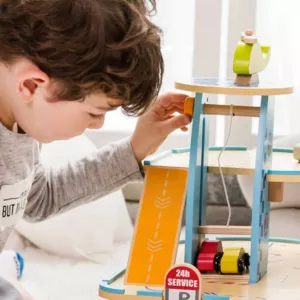 Children's wooden toy garage with cars - 3 levels