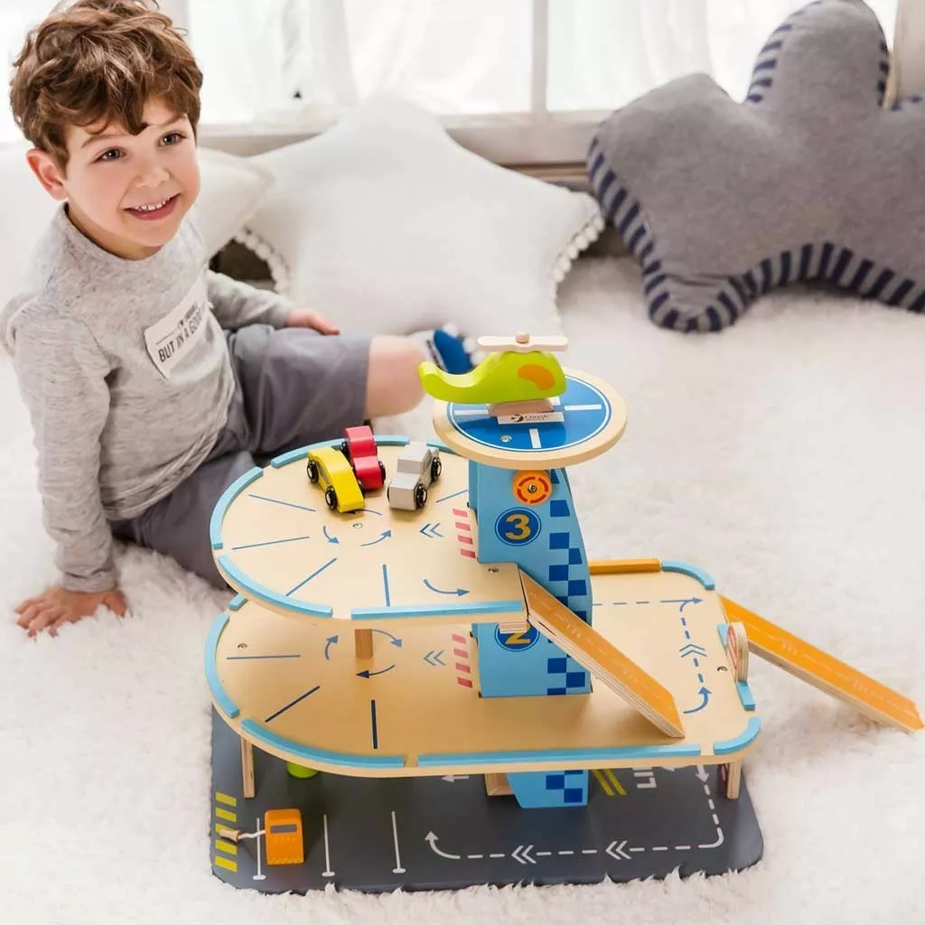 Children's wooden toy garage with cars - 3 levels