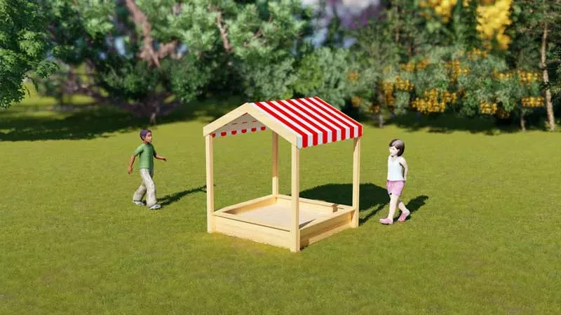Children's wooden sandbox with a canopy