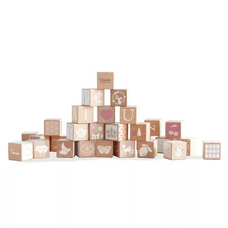 Children's construction set made of wooden blocks with various symbols