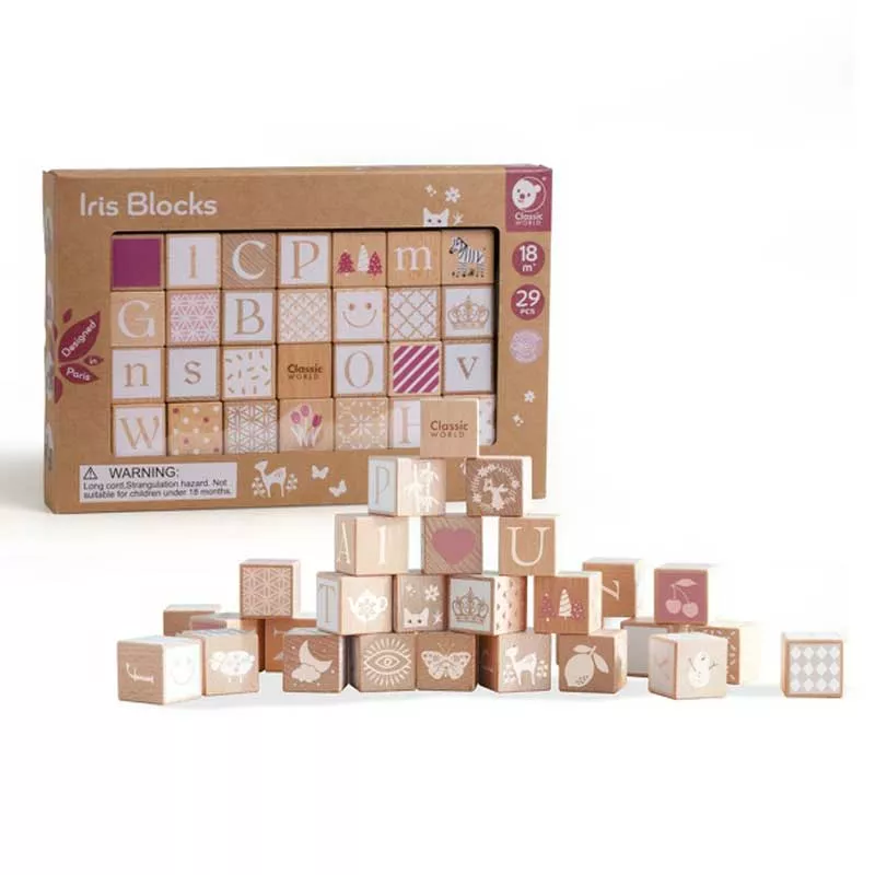 Children's construction set made of wooden blocks with various symbols