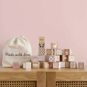 Children's construction set made of wooden blocks with various symbols