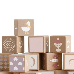 Children's construction set made of wooden blocks with various symbols