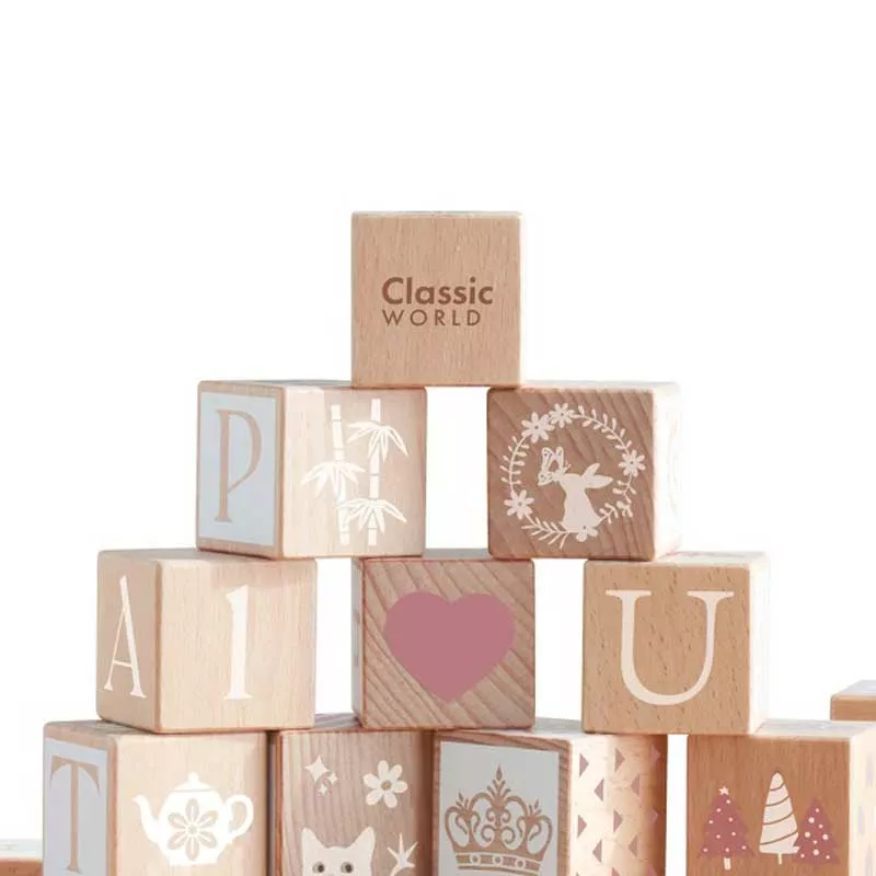 Children's construction set made of wooden blocks with various symbols