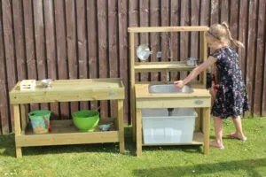 Children's outdoor play kitchen table with accessories