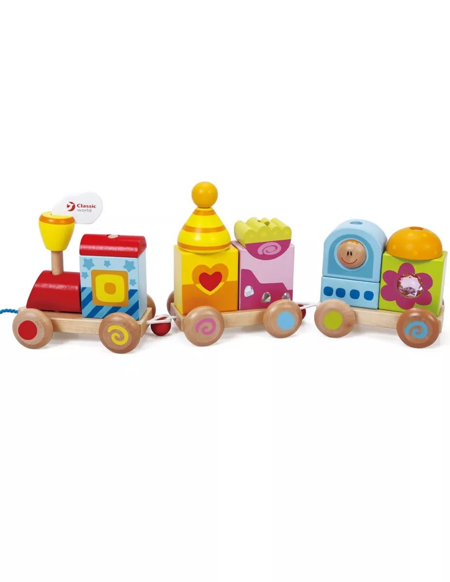 Children's wooden pull-along train in bright colors