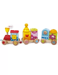 Children's wooden pull-along train in bright colors