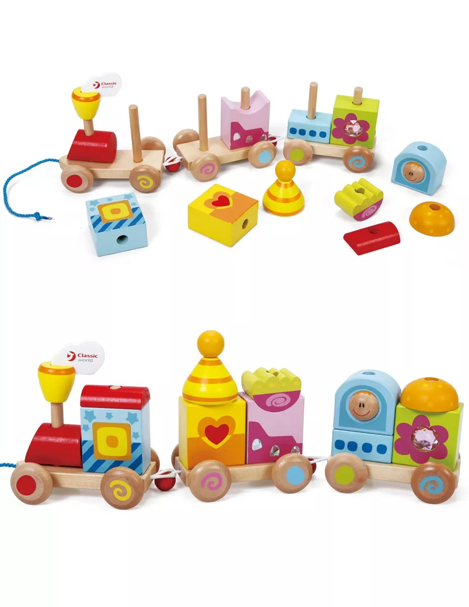 Children's wooden pull-along train in bright colors