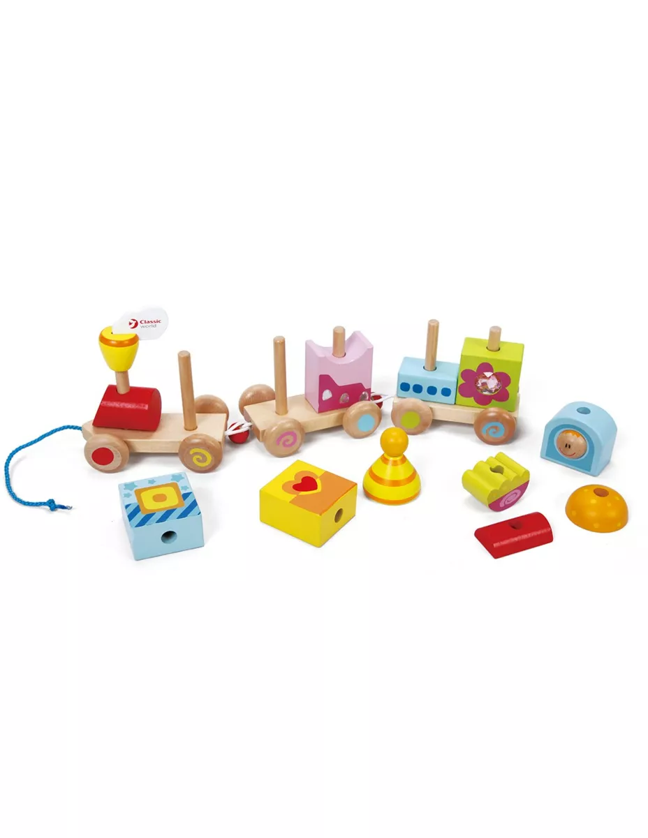 Children's wooden pull-along train in bright colors