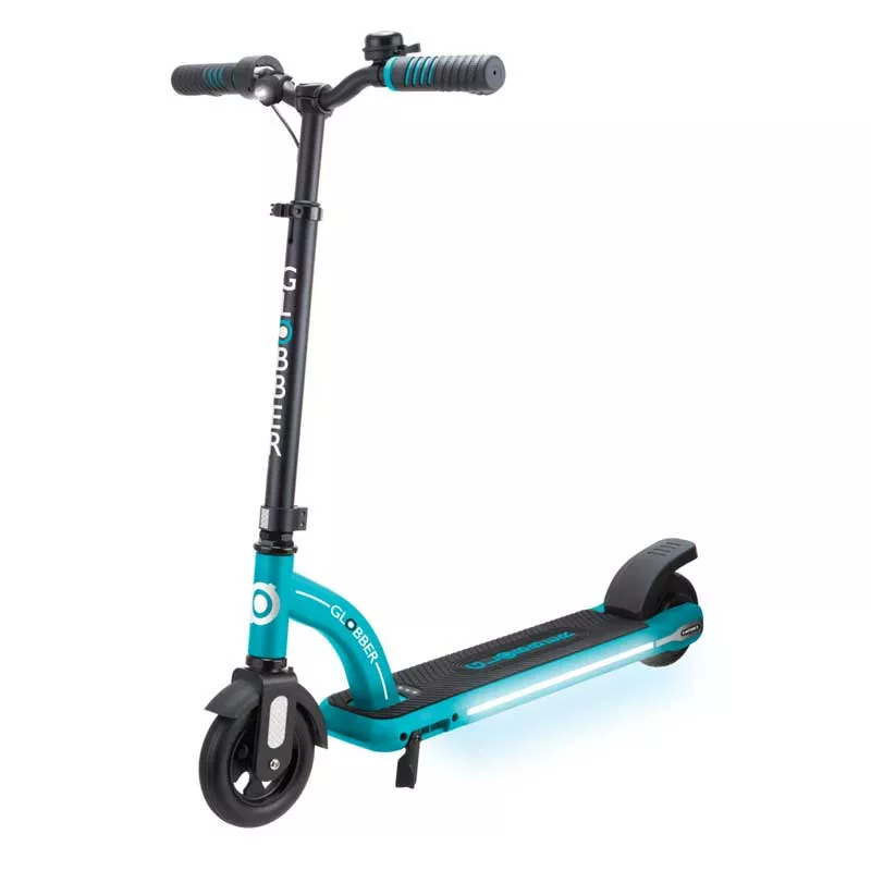 Electric scooter with glowing platform GLOBBER E-MOTION 11 for children over 8 years old - blue-green
